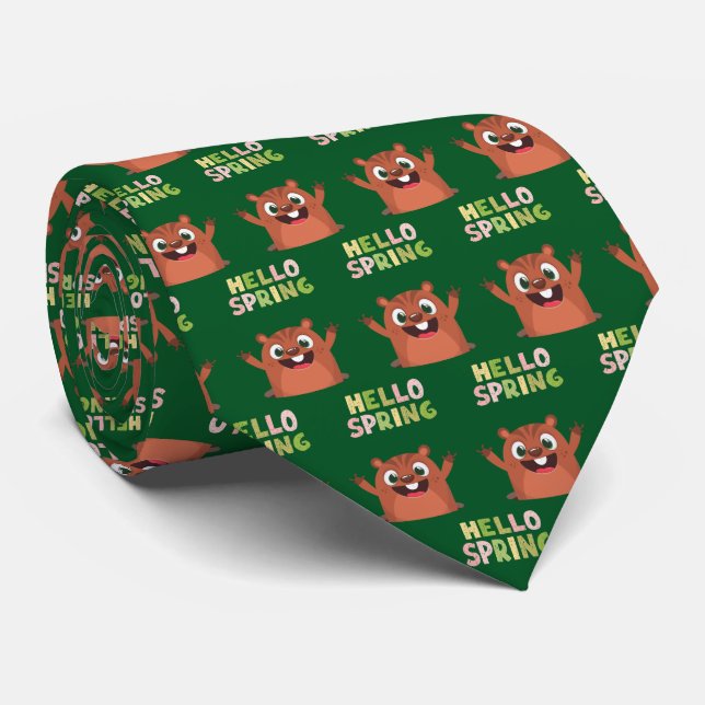 Groundhog Day Hello Spring Funny Green Tie (Rolled)