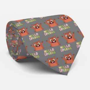 Groundhog Day Hello Spring Funny Grey Tie