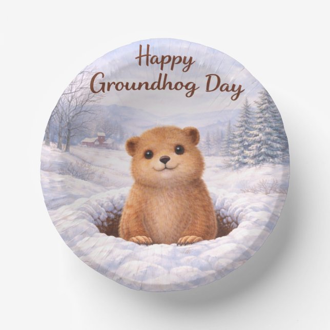 Groundhog Day-themed paper plates (Front)