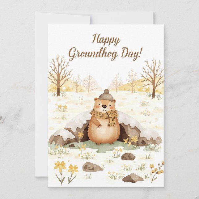 Groundhog day watercolor holiday card (Front)