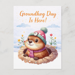 Groundhog day watercolor holiday postcard