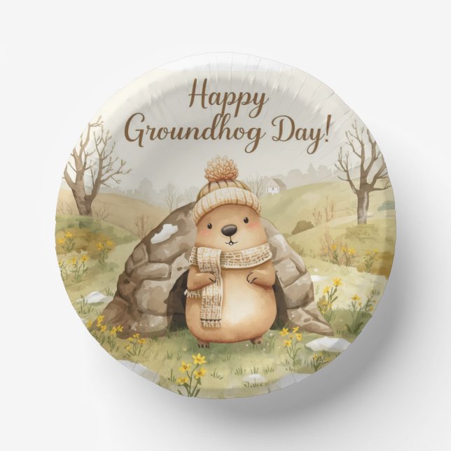 Groundhog day watercolor paper plate (Front)
