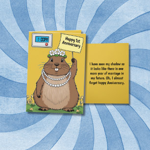 Groundhog holding yellow sign 1st anniversary card
