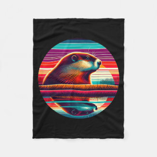 Groundhog Sunset Retro Style Safari Vintage 70s  Fleece Blanket