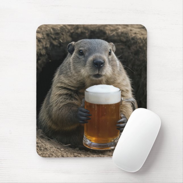 Groundhog With Mug of Beer Mouse Pad (With Mouse)