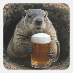 Groundhog With Mug of Beer Square Sticker