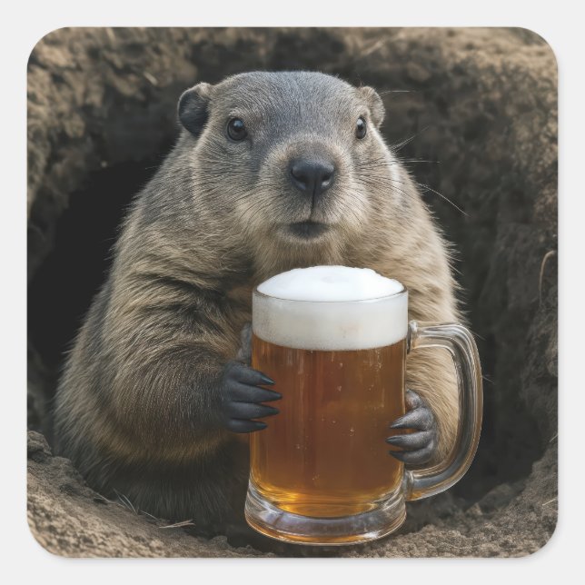 Groundhog With Mug of Beer Square Sticker (Front)