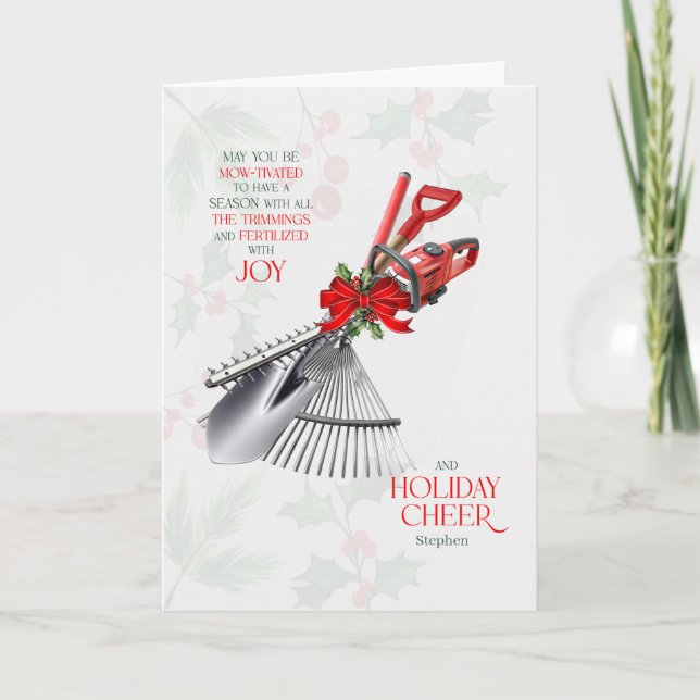 Groundskeeper Season Fertilized with Joy with Name Holiday Card (Front)