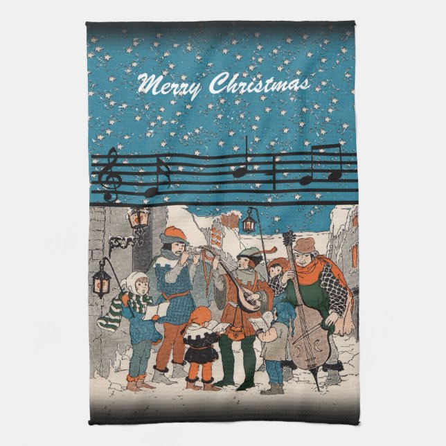 Group Christmas Carolers Musicians Music Notes Tea Towel (Vertical)