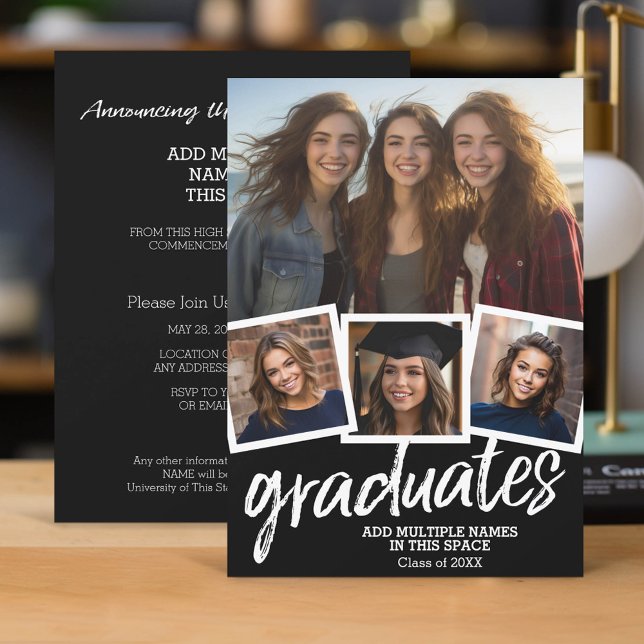 Group Graduation Celebration - 4 Photos Black Invitation (Group Graduation Invitation with 4 Photos and Party Information)