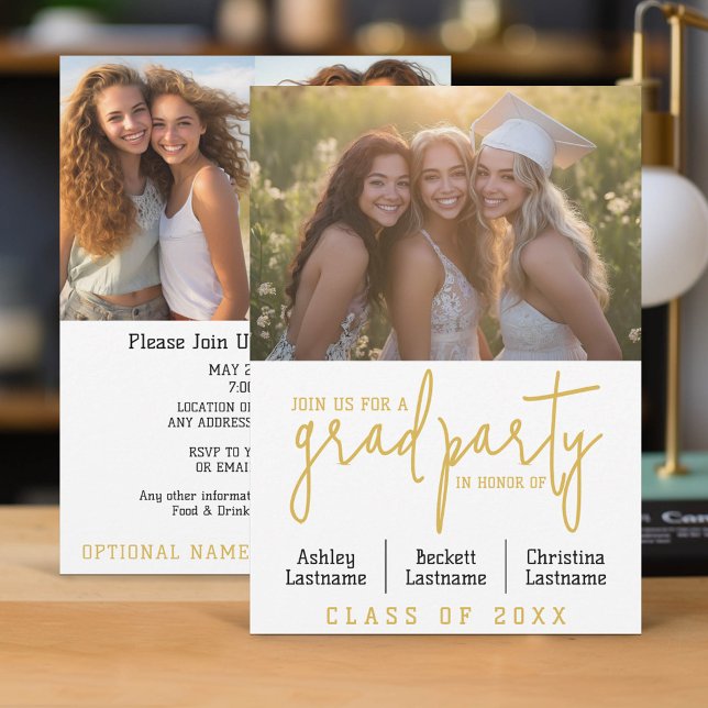 Group Graduation Celebration - Triple Graduates Invitation (Group Graduation Party Invitation with 3 photos)