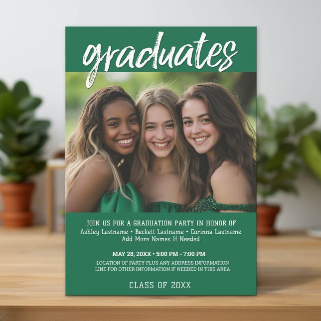 Group Graduation Green Party - Joint Photo Invitation (Group Graduation Party Invitation)