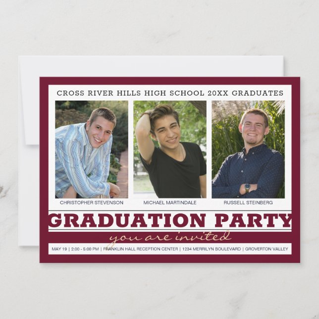 Group Graduation Party 3 Photo Burgundy Maroon Invitation (Front)