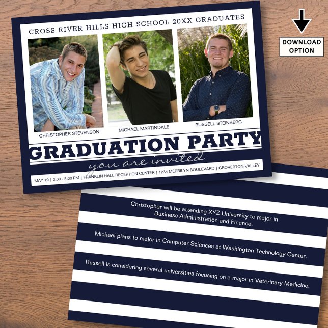 Group Graduation Party 3 Photos Navy Blue Invitation (Creator Uploaded)