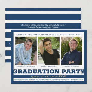 Group Graduation Party Three Photo Blue Invitation
