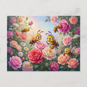Group of bees exploring roses in cheerful comic il postcard