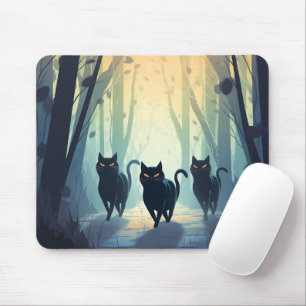 Group of Black Cats in Foggy Forest Halloween Mouse Pad