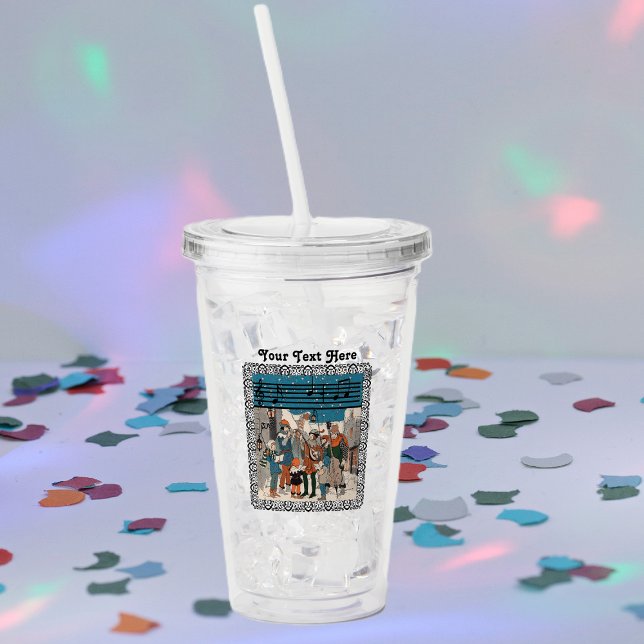 Group of Carolers and Musicians on Street Corner Acrylic Tumbler (Christmas carolers and musicians on old time street corner bar of music notes on acrylic drink cup.)