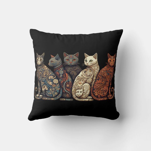 Group of Cats in Victorian Wallpaper Style Cushion (Back)