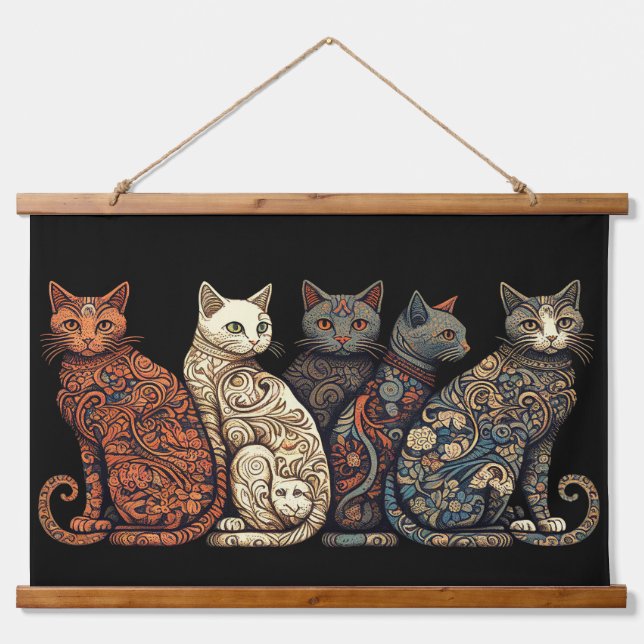 Group of Cats in Victorian Wallpaper Style Hanging Tapestry (Front)