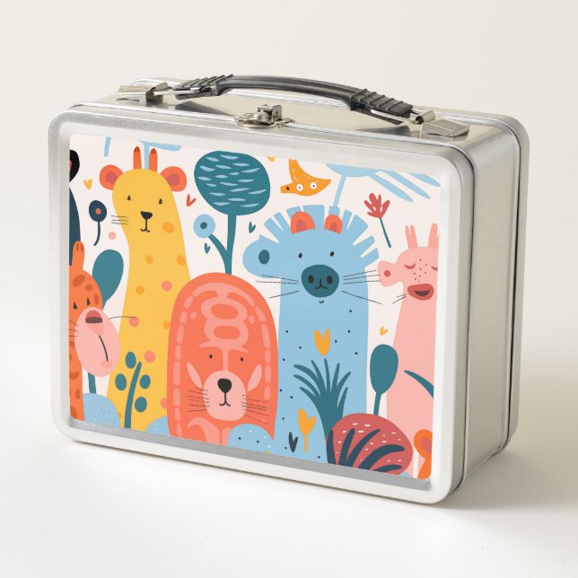 Group of colourful imaginary animals metal lunch box (Front)