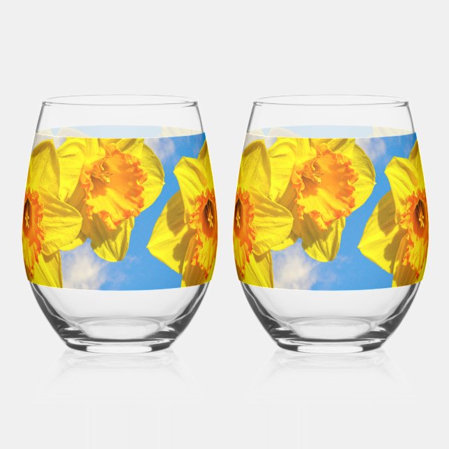 Group of Daffodils Gold Medal flowers Stemless Wine Glass (Front)