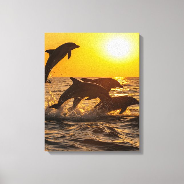 group of dolphins happily leap out of the waves  canvas print (Front)