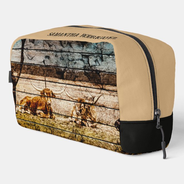 Group of Longhorns Laying in Field Distressed Wood Dopp Kit (Right Corner)