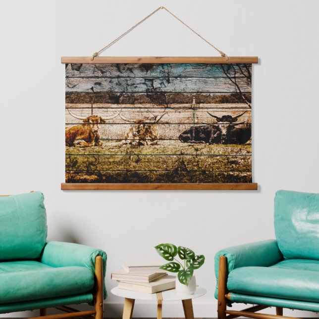 Group of Longhorns Laying in Field Distressed Wood Hanging Tapestry (Living Room)