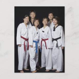 Group of martial arts player standing and postcard