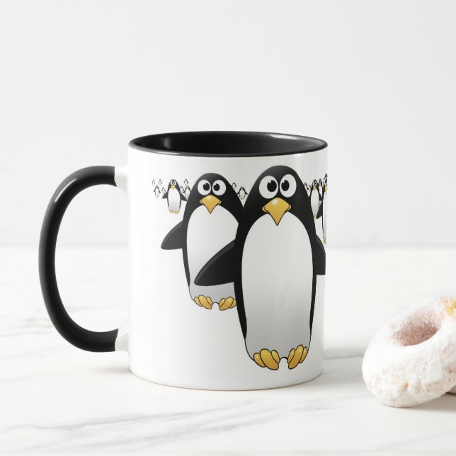 Group of Penquins on a coffee mug (With Donut)