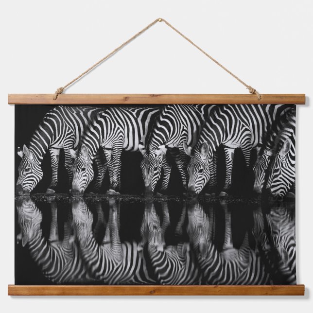 Group of Plains Zebra Drink Together at Night Hanging Tapestry (Front)