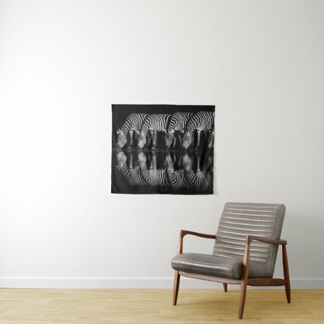 Group of Plains Zebra Drink Together at Night Tapestry (In Situ (Horizontal))