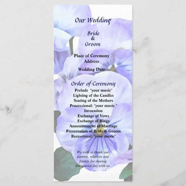 Group of Purple Pansies and Leaves Wedding Program Programme (Front)
