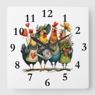 Group of roosters square wall clock