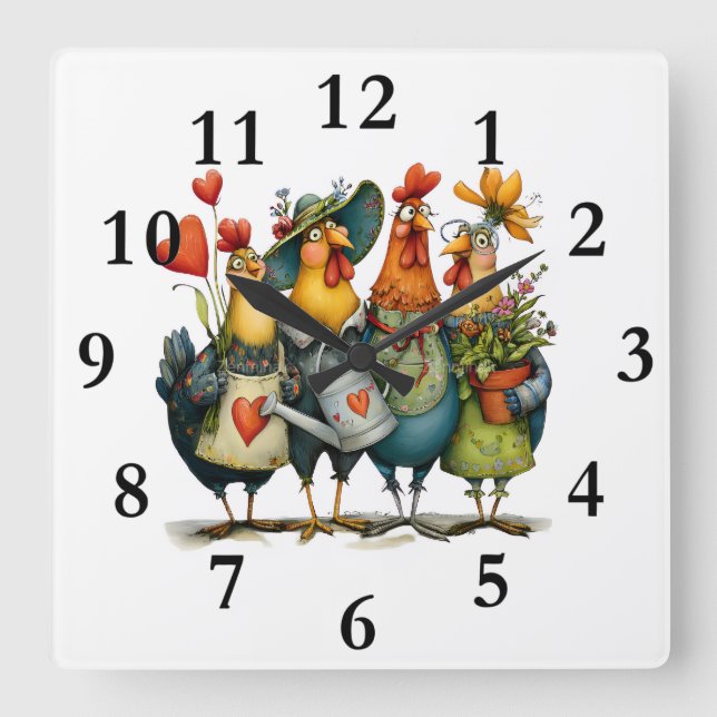 Group of roosters square wall clock (Front)