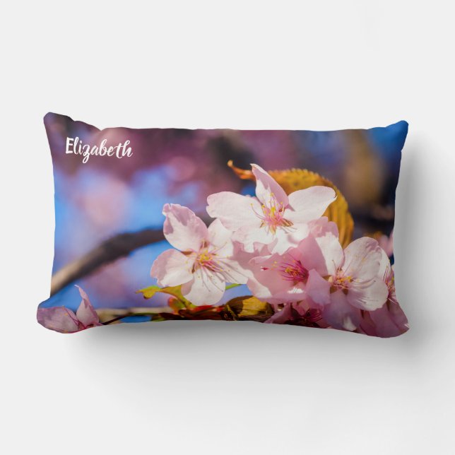Group Of Sakura Flowers, Soft Pink, Blue Backdrop Lumbar Cushion (Front)