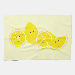 Group of smiling lemon characters tea towel