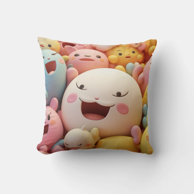 Group of soft, happy creatures in pastels cushion (Front)