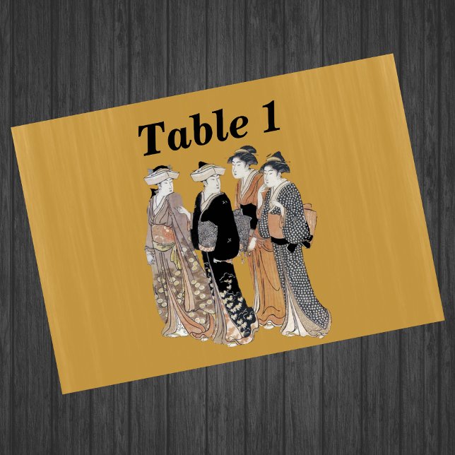Group of Vintage Japanese Geisha Women Table Number (Four vintage Geisha Japanese women traditional clothing on golden yellow event table number card.)