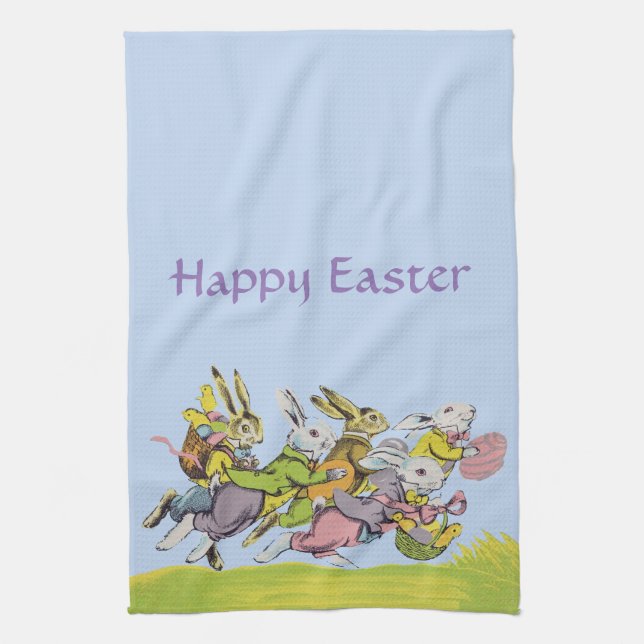 Group Running Easter Rabbits in Pastel Clothes Tea Towel (Vertical)