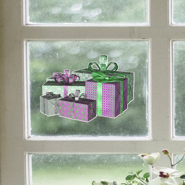 Group Shiny Wrapped Christmas Present Green Purple (Group Christmas shiny presents green and purple wrapping paper with bows on window cling decoration.)