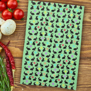 Group Spring Black Sitting Rabbits Flowers on Gree Tea Towel
