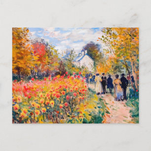 Group walking in autumn garden with flowers holiday postcard