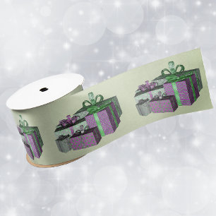 Grouped wrapped purple green presents Light Green Satin Ribbon