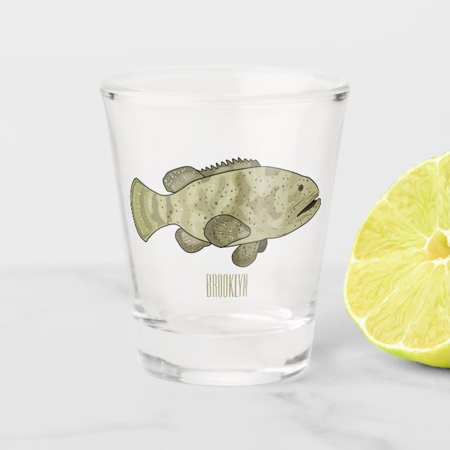 Grouper fish cartoon illustration shot glass (Front)