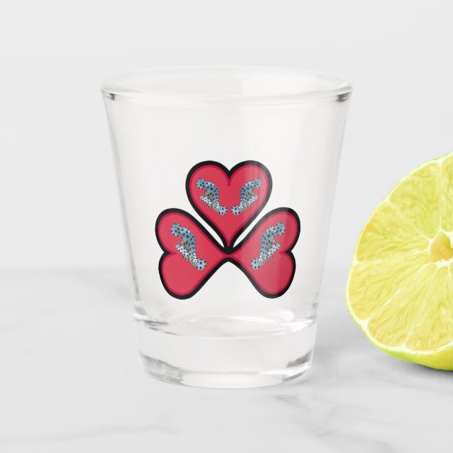 Grouper Twins - 3 Black-bordered Red Hearts |  Shot Glass (Front)