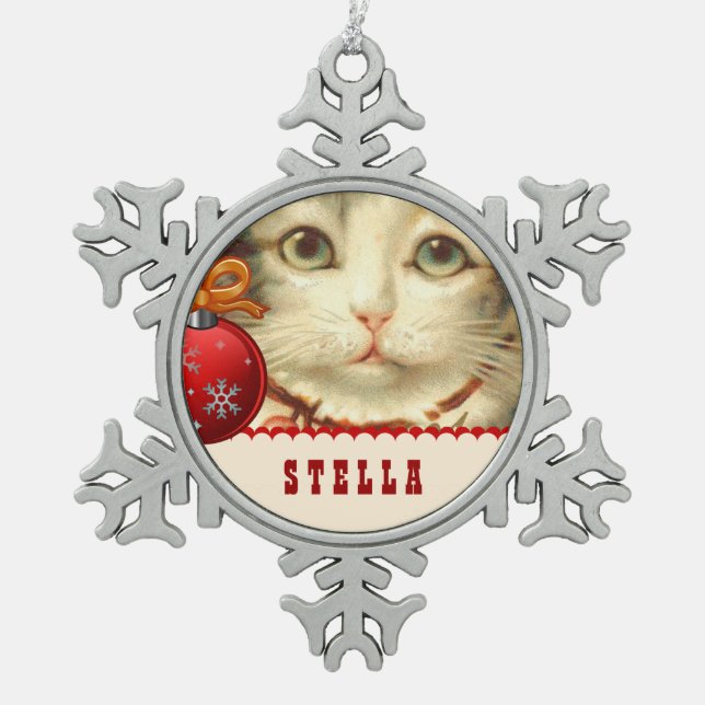 GROUPON Photo Pet Cat with Custom Name V02D Snowflake Pewter Christmas Ornament (Front)