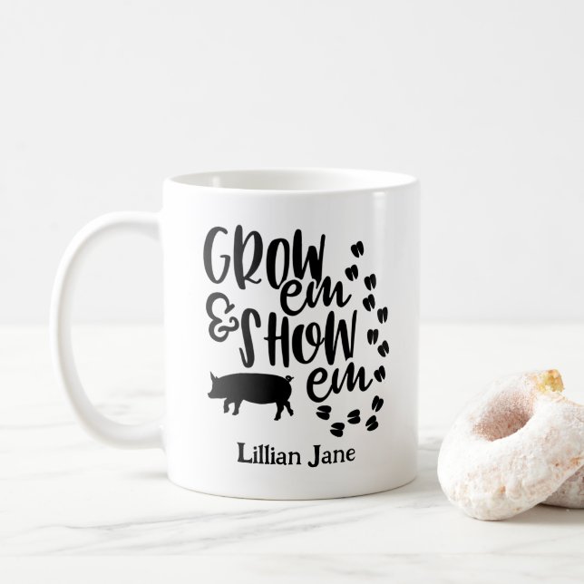 Grow Em Show Em Pig Custom Name Coffee Mug (With Donut)
