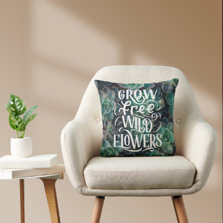 Grow Free Wild Flowers Boho Quote Cactus Cushion